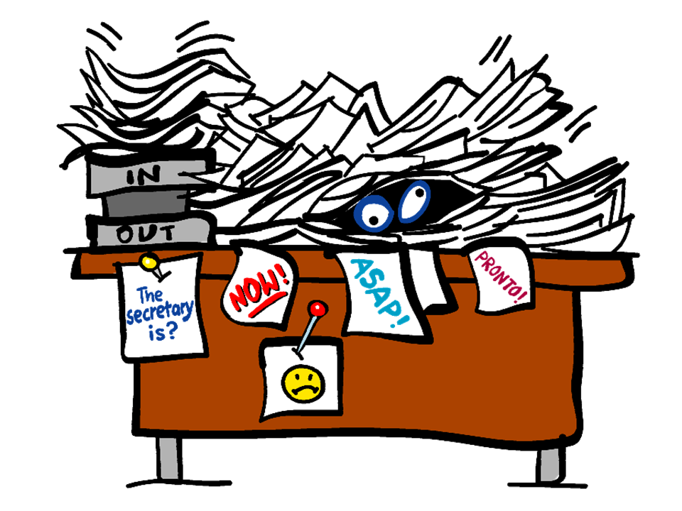 Symbolgrafik: Überforderte Person vor Bildschirm, umgeben von zahlreichen Informations‑ und Nachrichtensymbolen, als Sinnbild für Information Overload in der medizinischen Kommunikation.