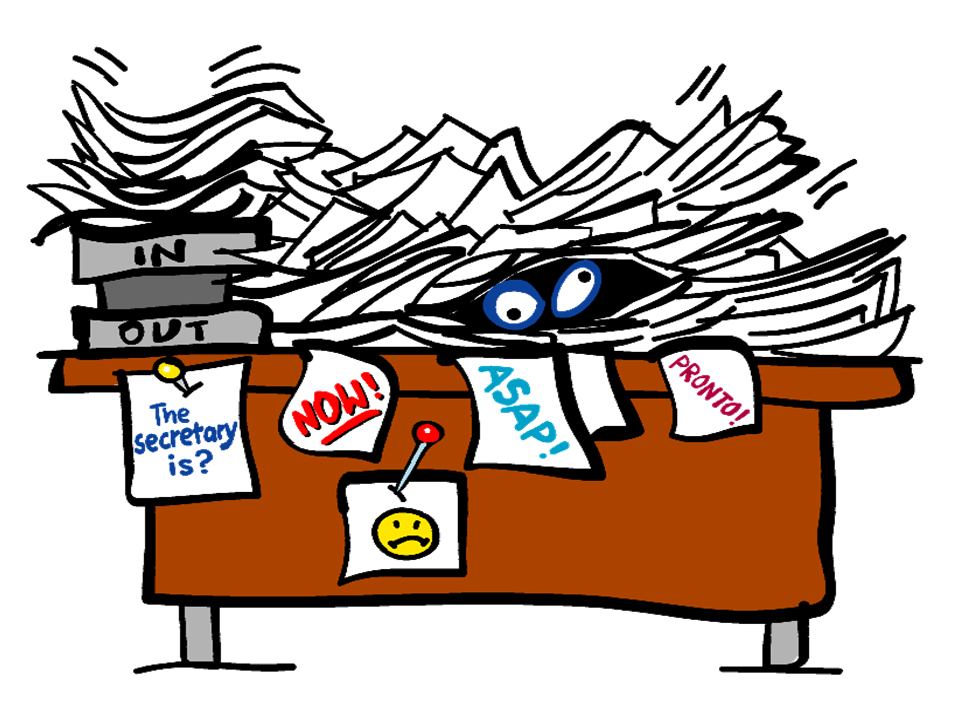 Symbolgrafik: Überforderte Person vor Bildschirm, umgeben von zahlreichen Informations‑ und Nachrichtensymbolen, als Sinnbild für Information Overload in der medizinischen Kommunikation.